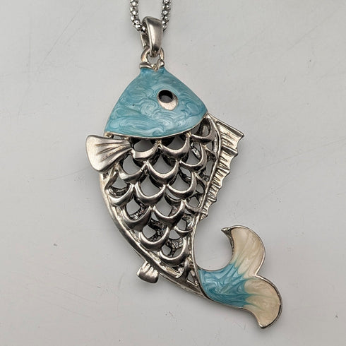 Vintage Sterling Silver Enamel Large Fish Pendant with Sterling Silver Necklace, 44g in total